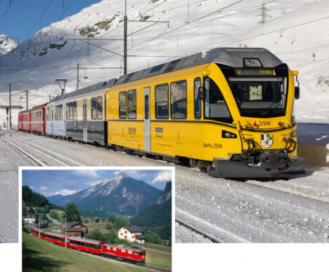 Bemo: RhB «Ahnenzug» und Einheitswagen IV «Bernina Express» in H0m und MOB Niederflurwagen «GPX» in H0m/H0