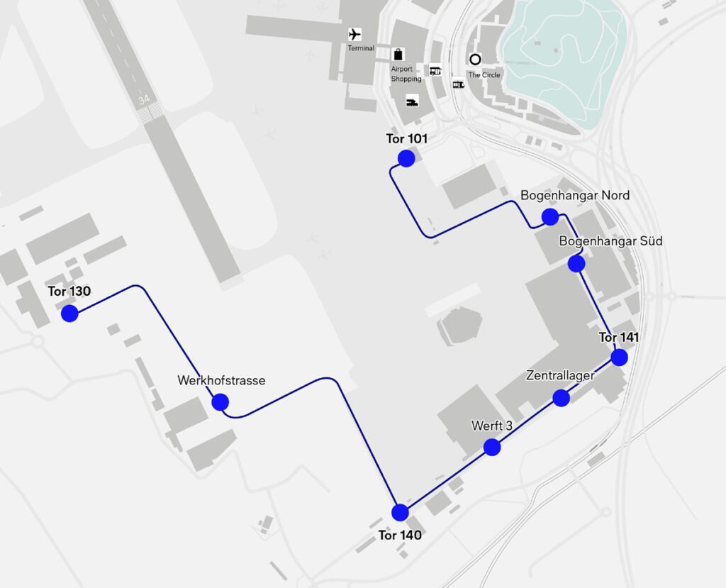 Flughafen Zuerich selbstfahrender Shuttlebus Route_Flughafen Zuerich_12 24